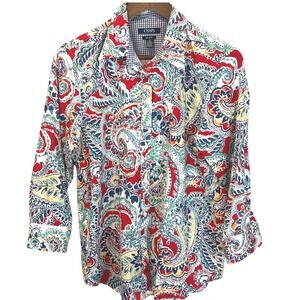 Chaps Womens Blue Red Floral Button 3/4 Sleeve Short No Iron Size Large